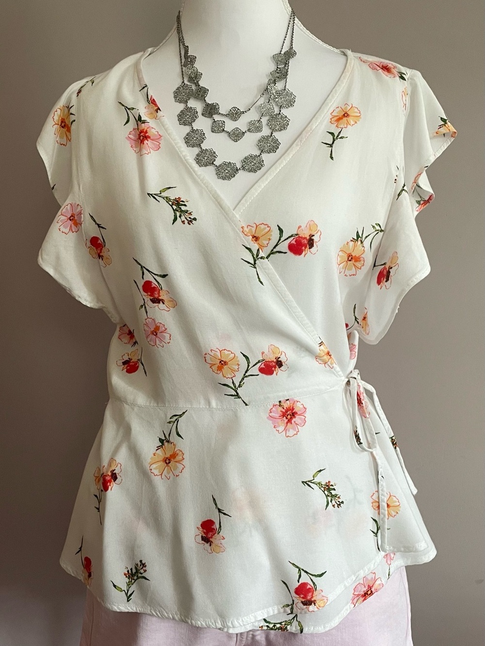 one clothing White Floral Wrap Top with Pink & Coral Blooms